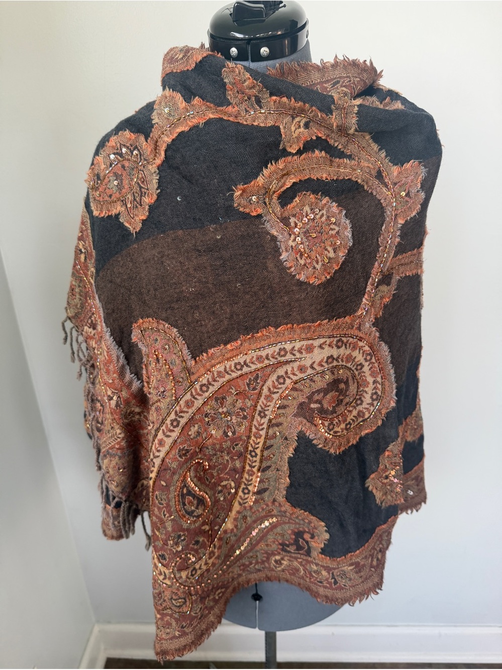 Vintage wool Fall Wool Pashmina Hand beaded sequins, amber beads 28” x 72” Wrap